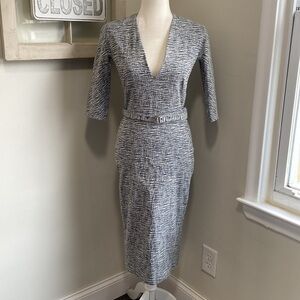 Victoria Beckham Space Dyed Black White Cotton-Blended Belted Sheath Dress